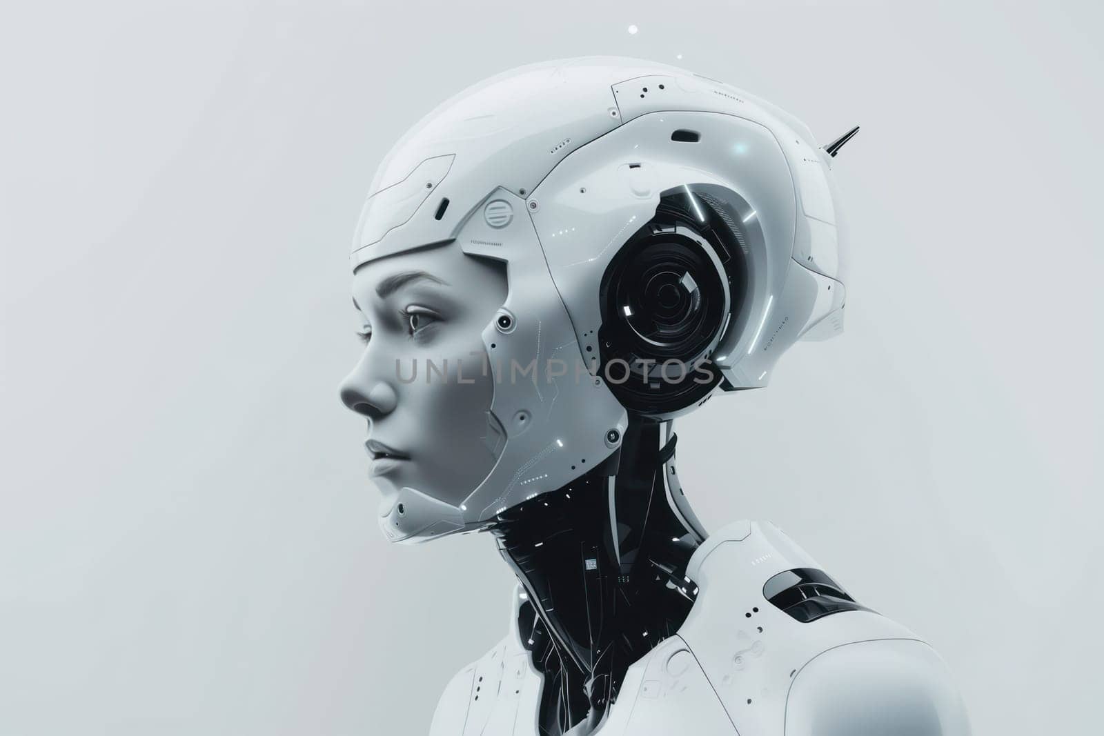 Futuristic modern white robot cyber illustration with place for text.