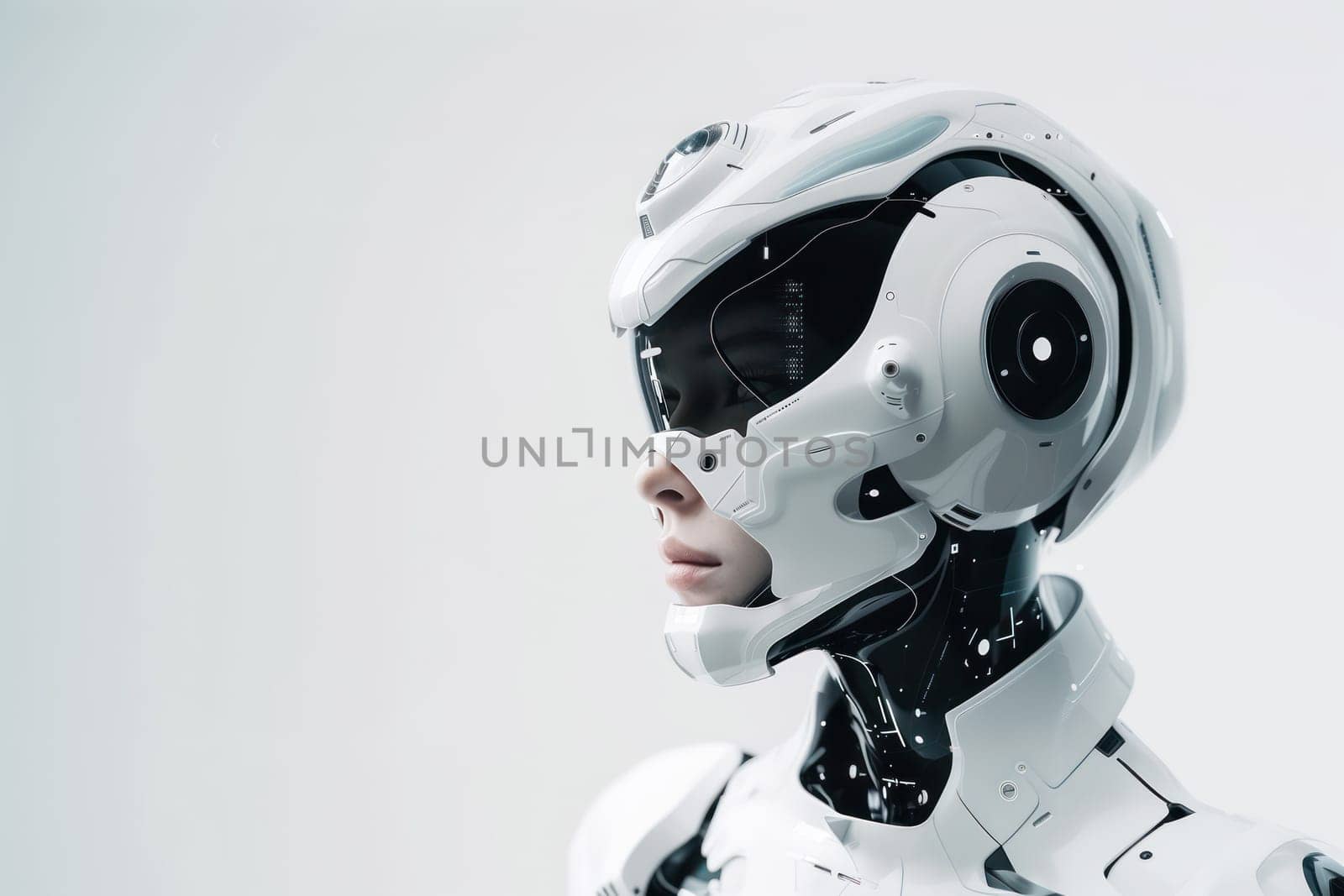 Futuristic modern white robot cyber illustration with place for text.