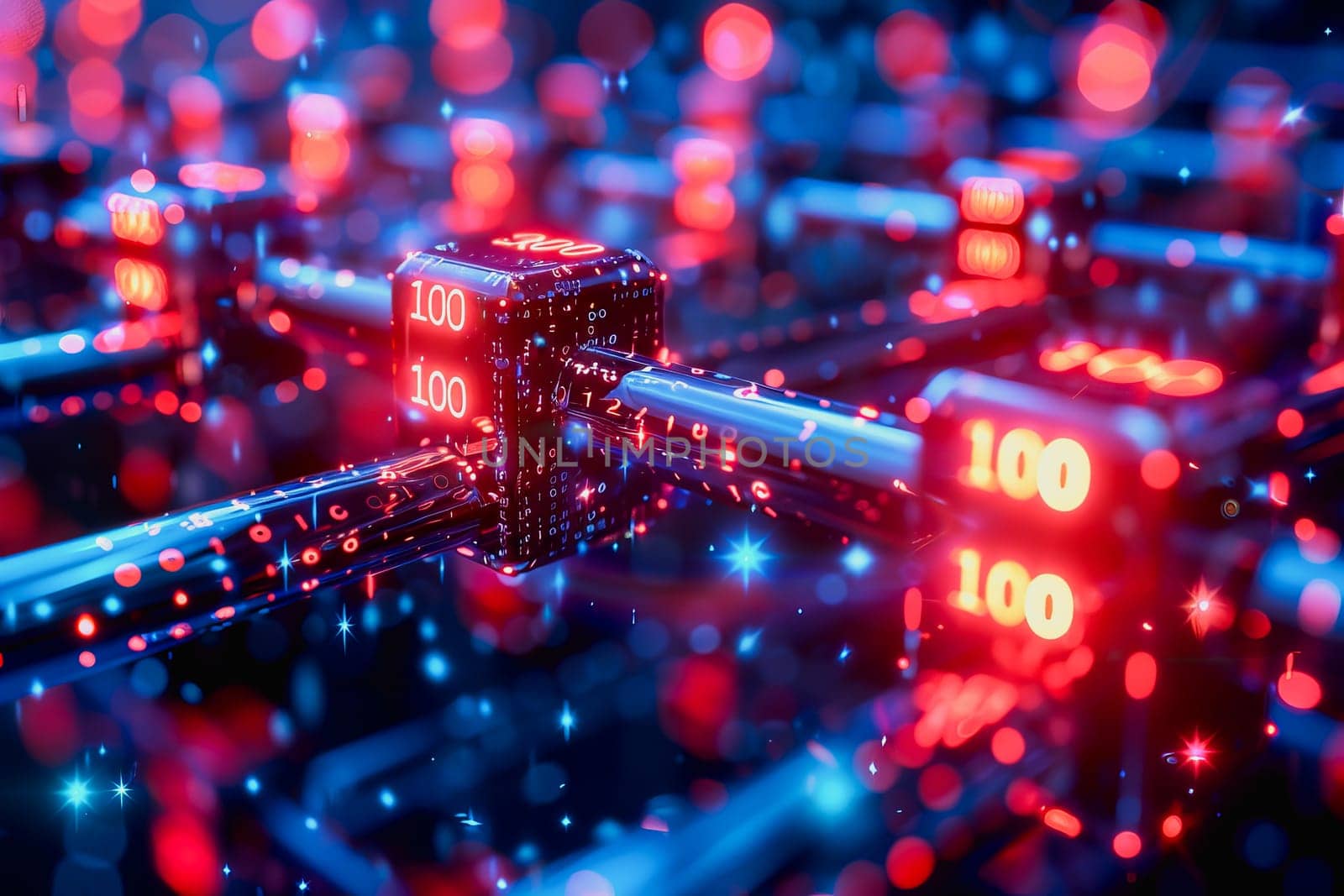 binary numeric data transmission chain of nodes connected in a network form, p2p connection.