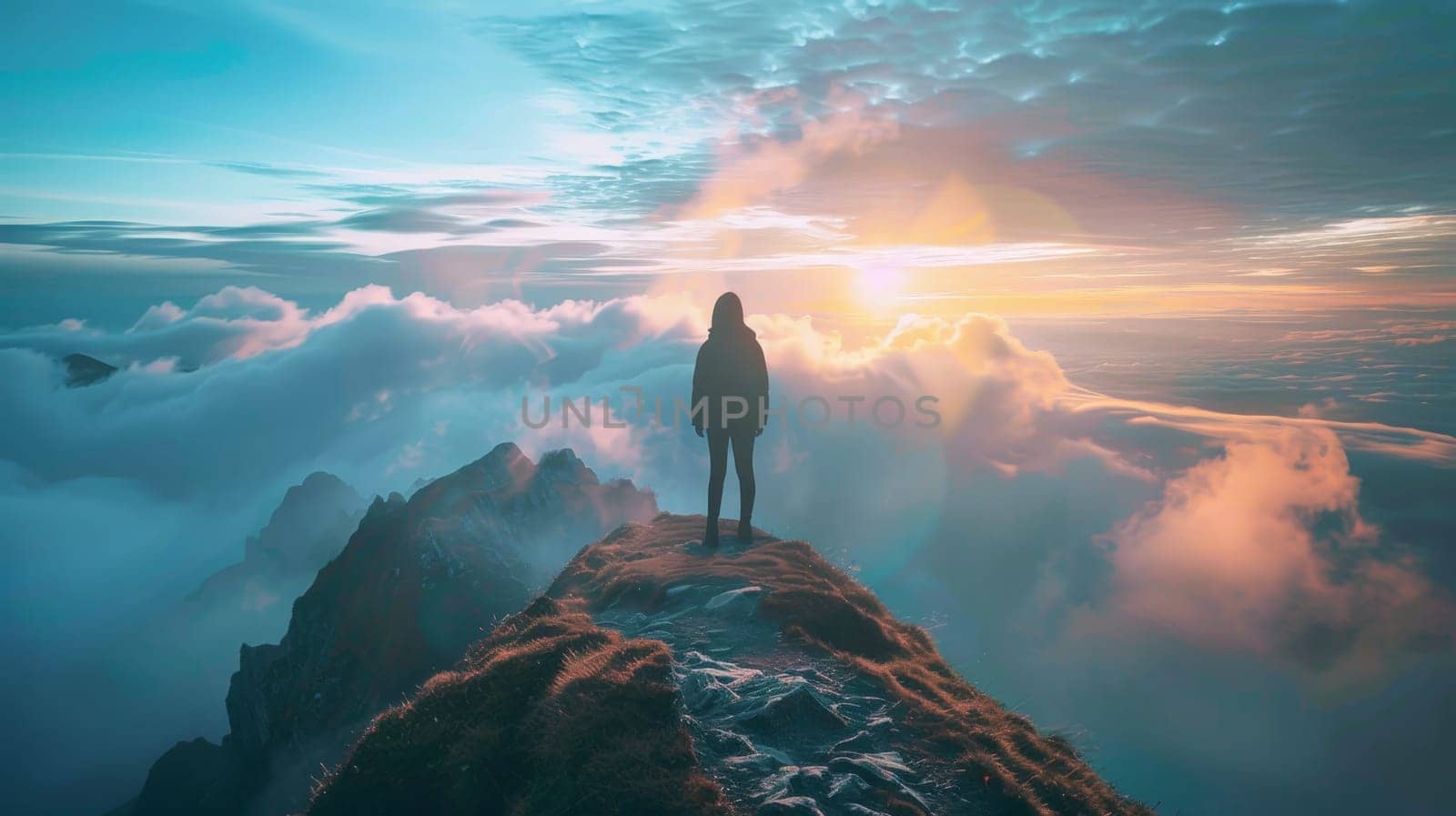 A woman stands on a mountain top, looking out at the clouds. The sky is a mix of blue and white, with a few clouds scattered throughout. Concept of solitude and contemplation