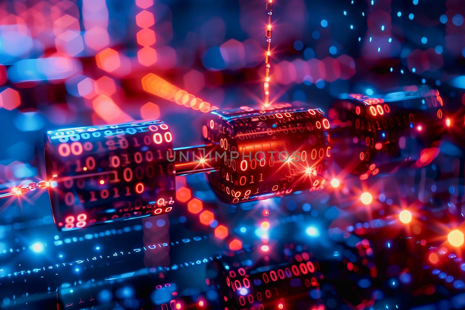 binary numeric data transmission chain of nodes connected in a network form, p2p connection.