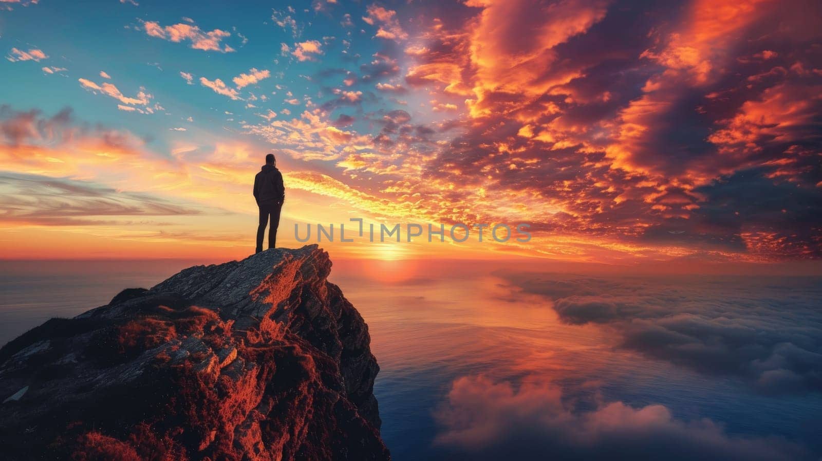 A man stands on a rocky cliff overlooking a body of water with a beautiful sunset in the background. Concept of solitude and contemplation, as the man gazes out at the horizon