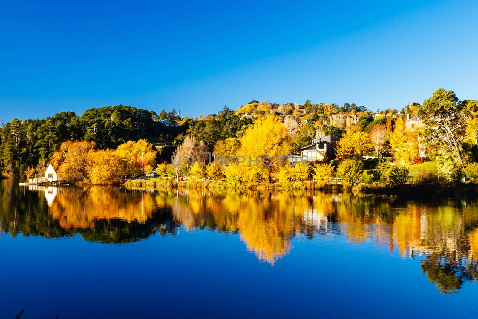 DAYLESFORD, AUSTRALIA - MAY 12 2024: Landscape around Lake Daylesford in a cool late autumn afternoon in Daylesford, Victoria, Australia