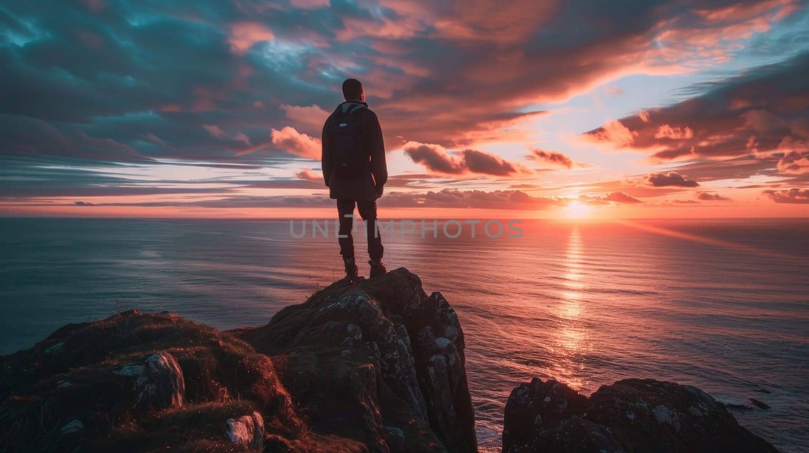 A man stands on a rock overlooking the ocean at sunset. The sky is filled with clouds and the sun is setting, creating a beautiful and serene atmosphere. The man is lost in thought