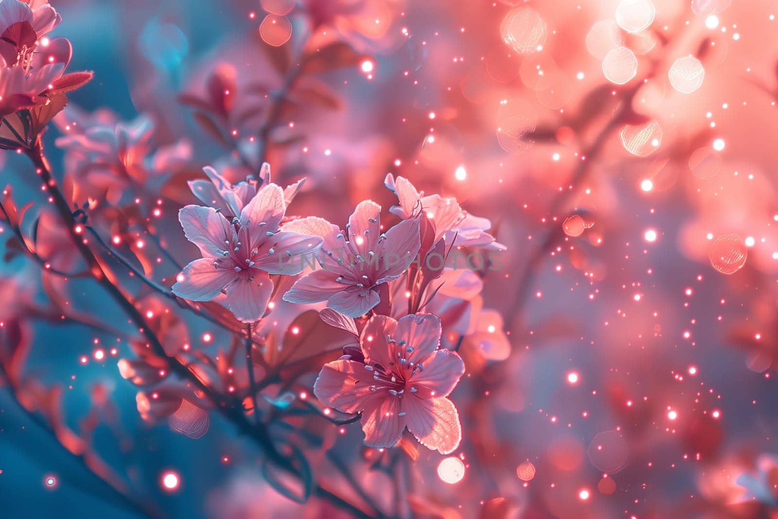 A close up of a pink flower with a blurry background. The flower is surrounded by a lot of light and sparkles, giving it a dreamy and ethereal feel