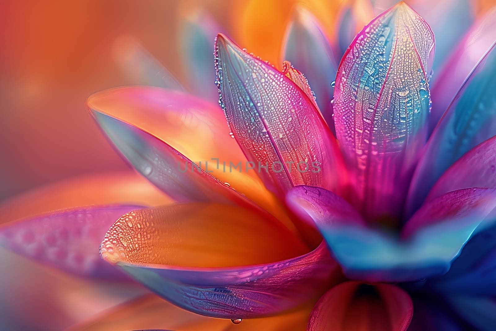 A colorful flower with droplets of water on it. The flower is a mix of pink, blue, and yellow