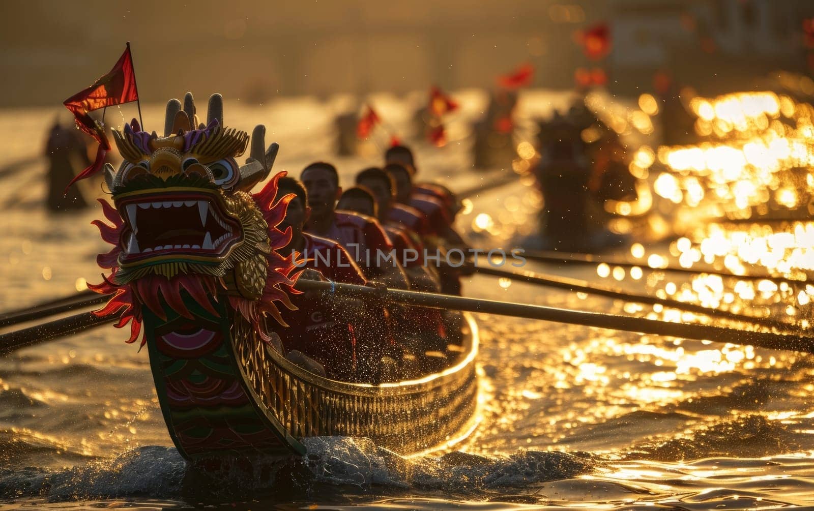 The golden hour illuminates a dragon boat race, with rowers in sync and water sparkling, capturing the spirit of this vibrant cultural event