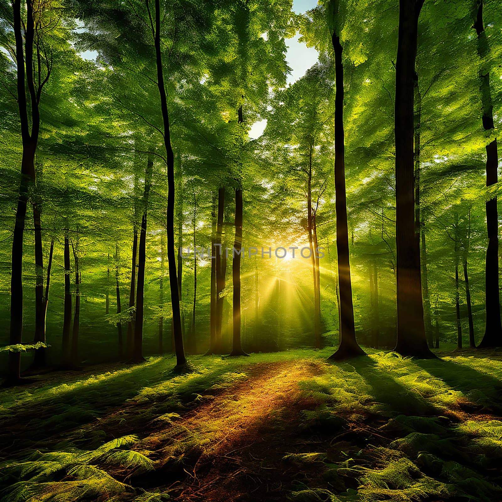 Sunlit Serenity: Panoramic View of a Forest Bathed in Sunlight by Petrichor