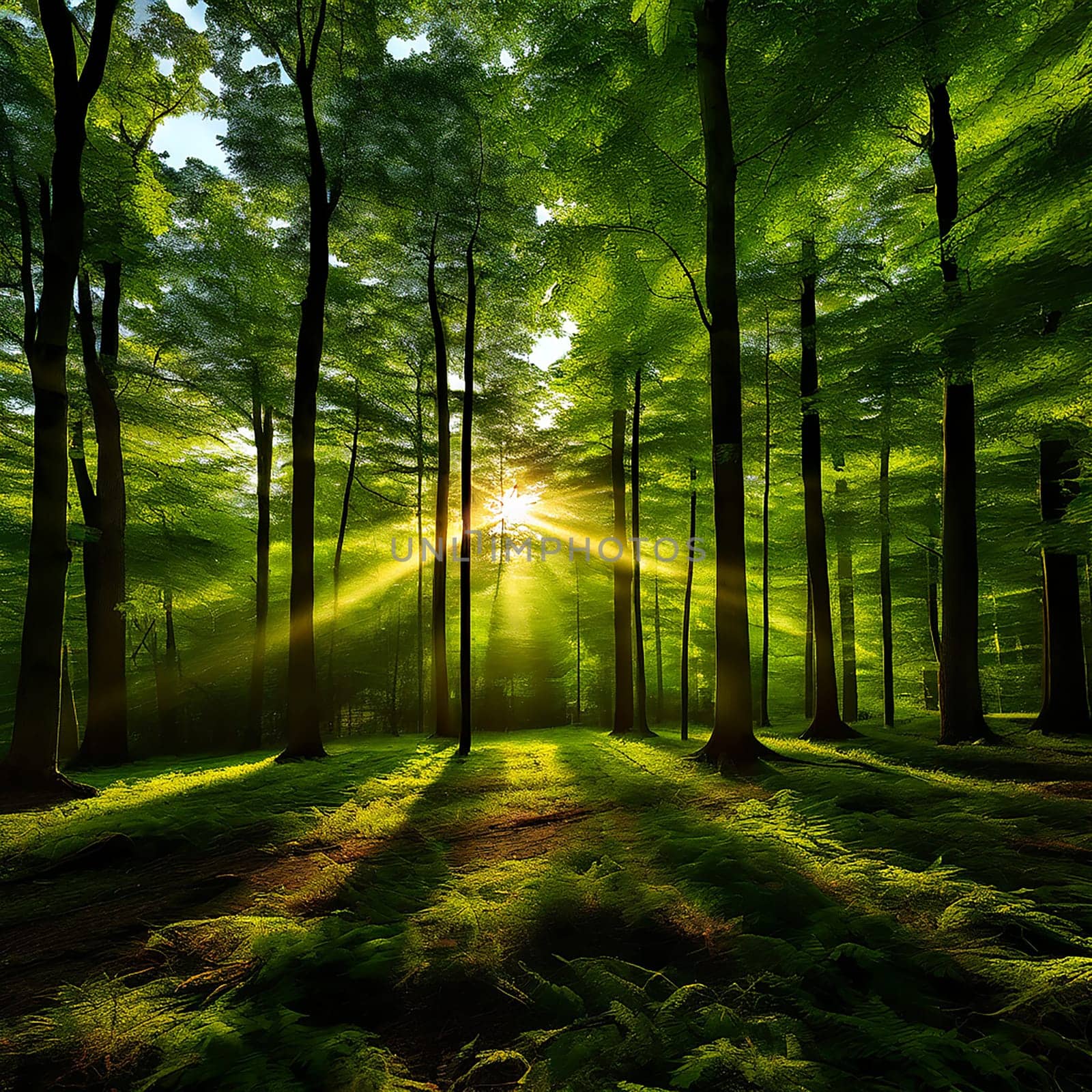 Sunlit Serenity: Panoramic View of a Forest Bathed in Sunlight