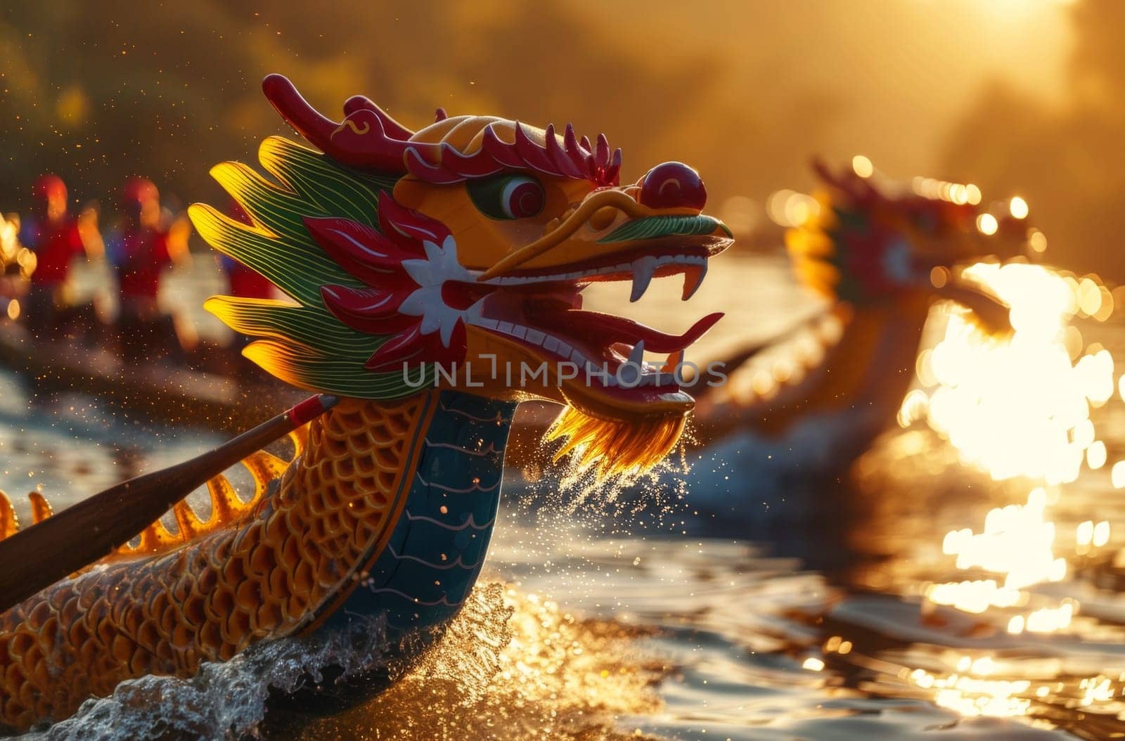 The golden hour illuminates a dragon boat race, with rowers in sync and water sparkling, capturing the spirit of this vibrant cultural event. Asian festival.