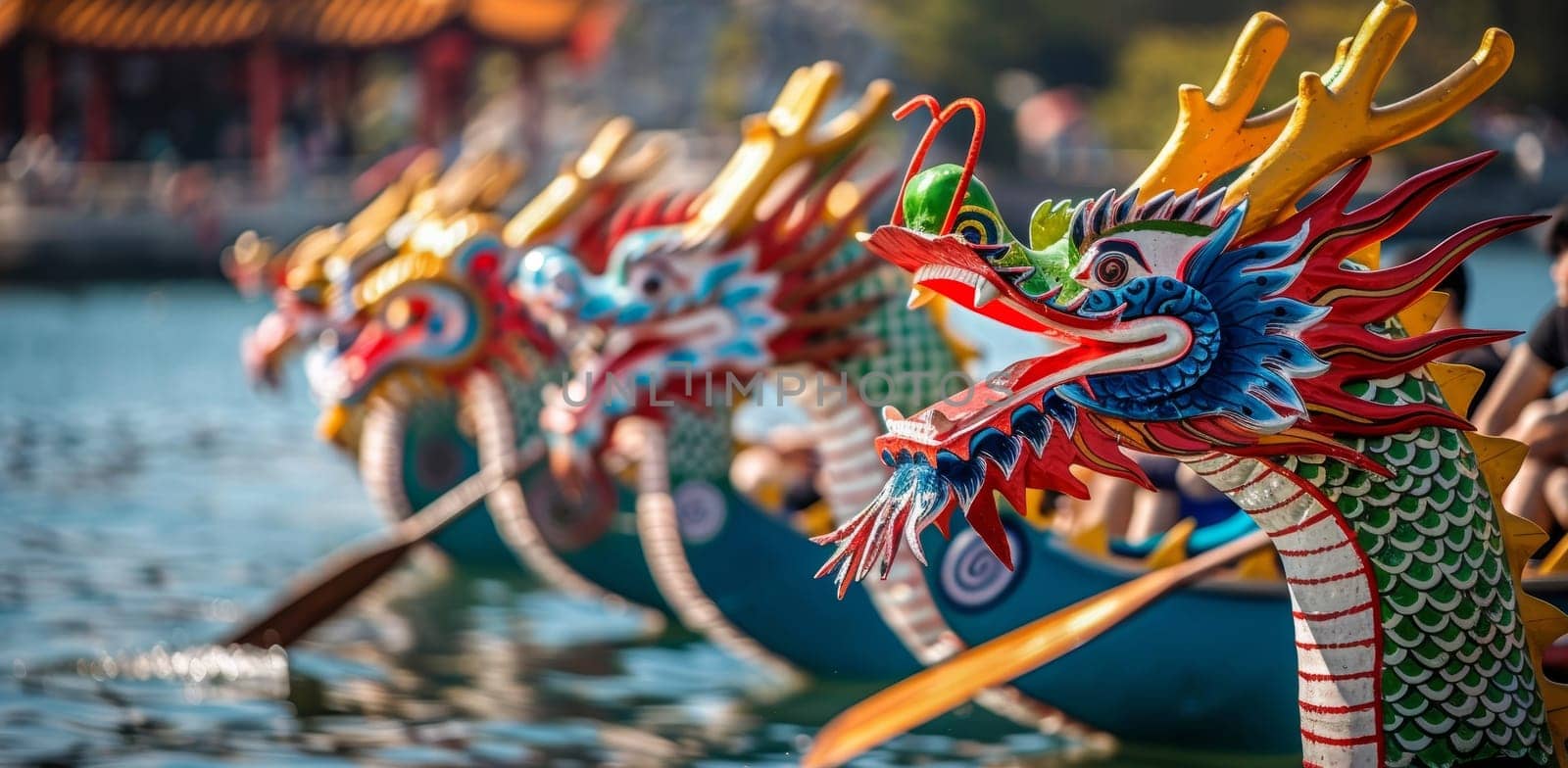 A silhouette of a dragon boat team racing at dusk with water glistening in the fiery sunlight, evoking the fervor of the sport. Asian festival by sfinks