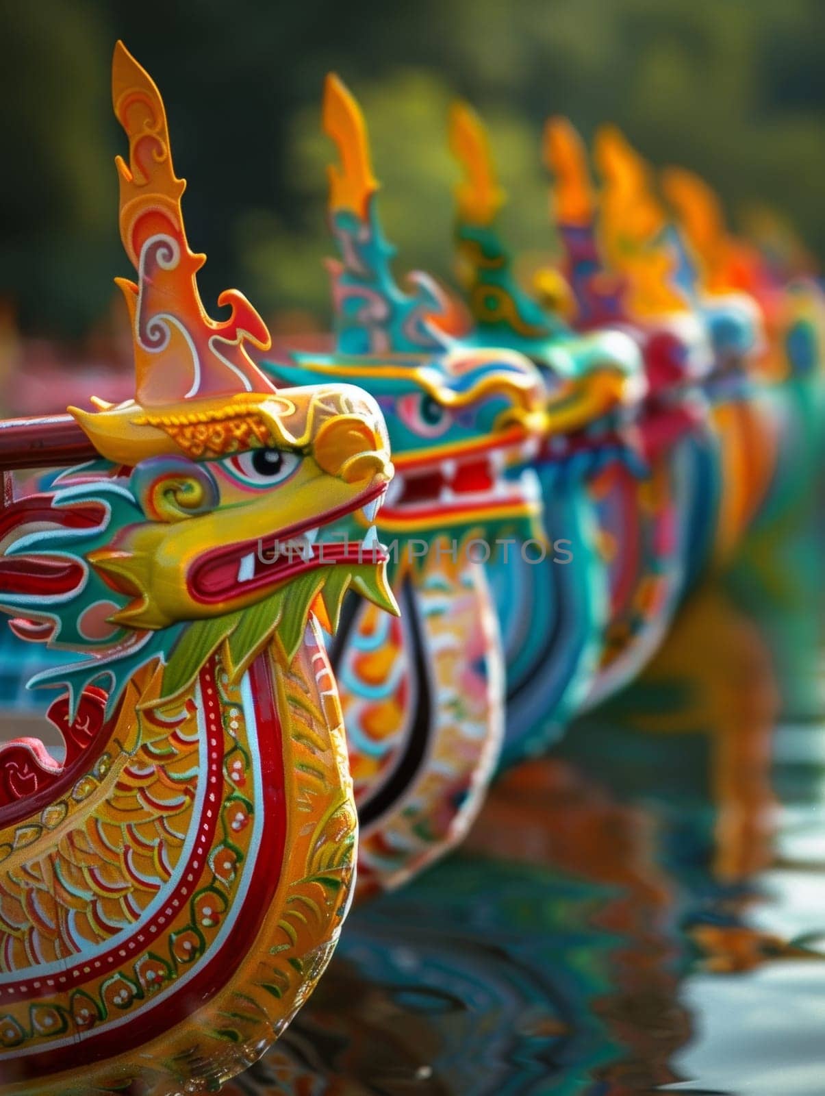 Vibrant dragon boat heads lined up for a race, reflecting the rich cultural tradition of the Dragon Boat Festival.