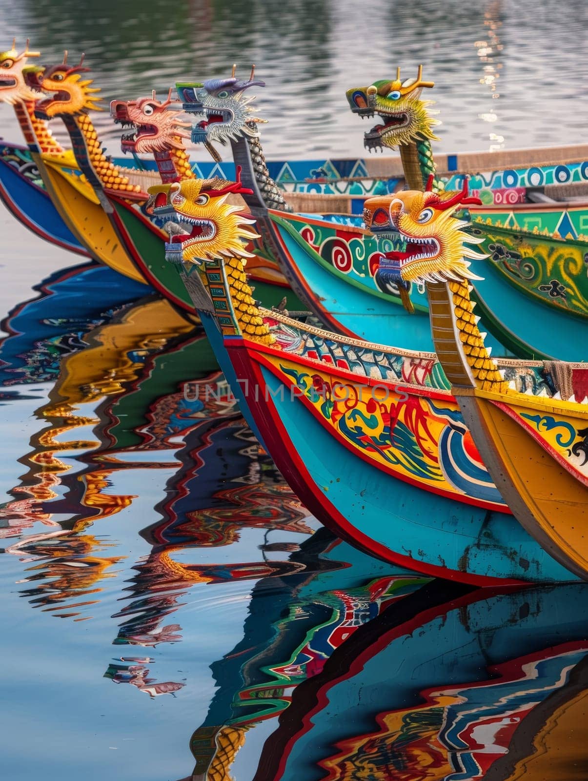 Vibrant dragon boat heads lined up for a race, reflecting the rich cultural tradition of the Dragon Boat Festival.