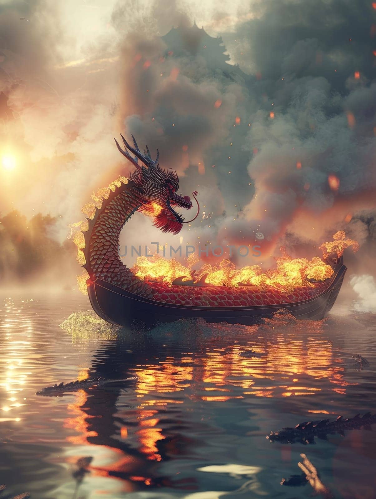 Majestic dragon boat with flames along its body, floating on tranquil waters at sunset, with silhouetted spectators. by sfinks