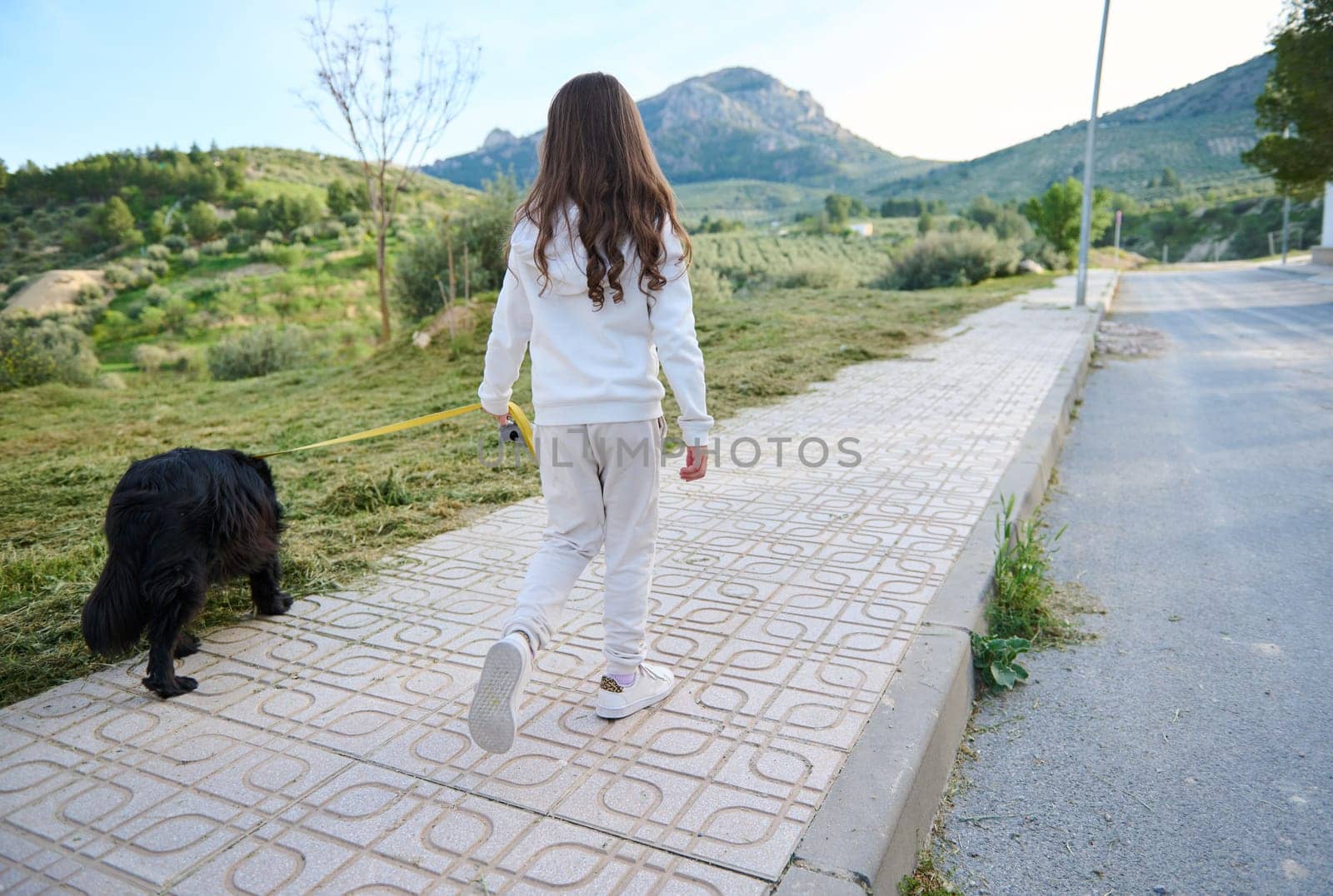 View from the back to a little child girl taking her cocker spaniel dog for a walk on leash in the nature against mountains background by artgf