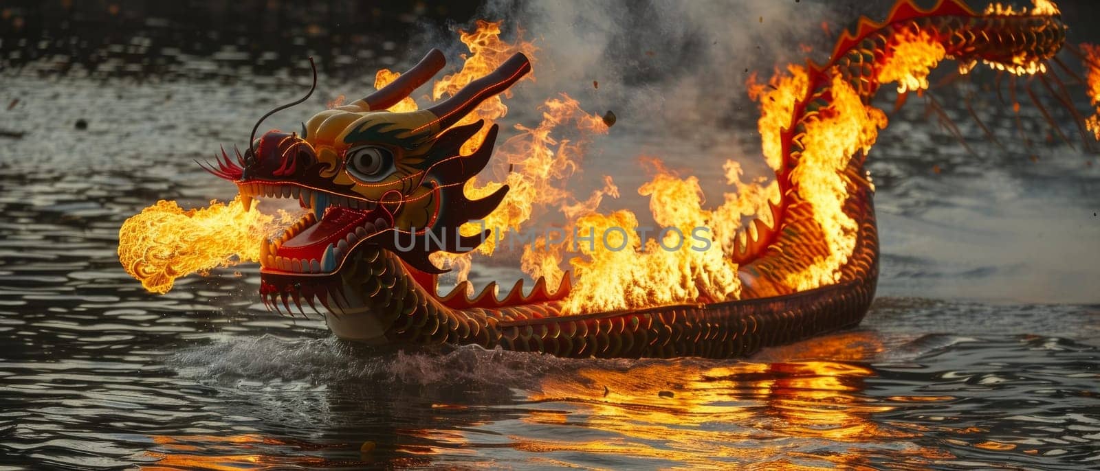 A striking image of a dragon boat on water, with the dragons head spewing flames, reflecting the vibrancy and excitement of dragon boat festivals. by sfinks