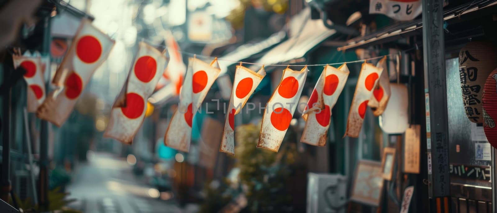 A serene Japanese street illuminated by the gentle glow of hanging flags, bearing the red and white motif, evoking a sense of tradition and community
