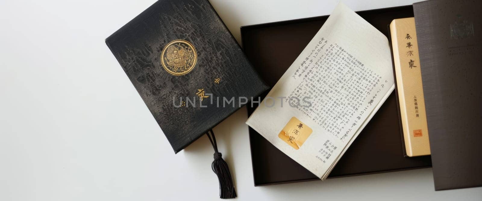 A black-covered Japanese book with an intricate golden emblem and Chinese characters, complemented by two other books and a box on a white background. by sfinks