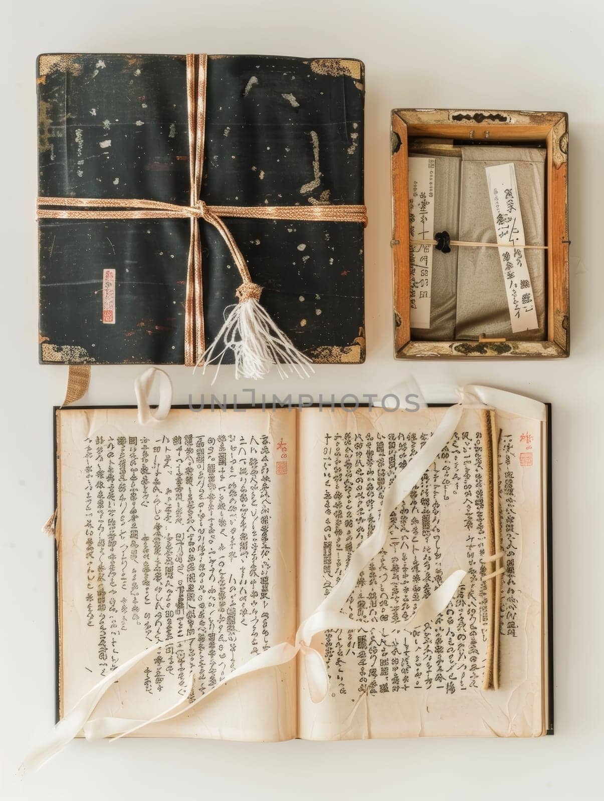 An open antique Japanese book tied with a cream ribbon, with textured pages beside a wooden box holding scroll-like items