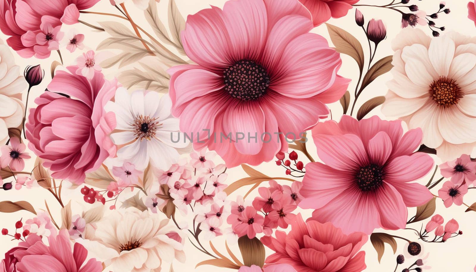 Seamless pattern tile background flowers and floral leaves plants. High quality photo