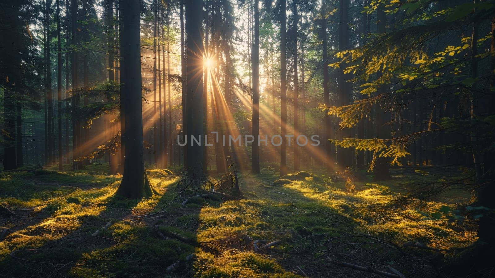 The sun is shining through the trees, casting a warm glow on the forest floor. The light is creating a peaceful and serene atmosphere, making it a perfect place to relax and unwind