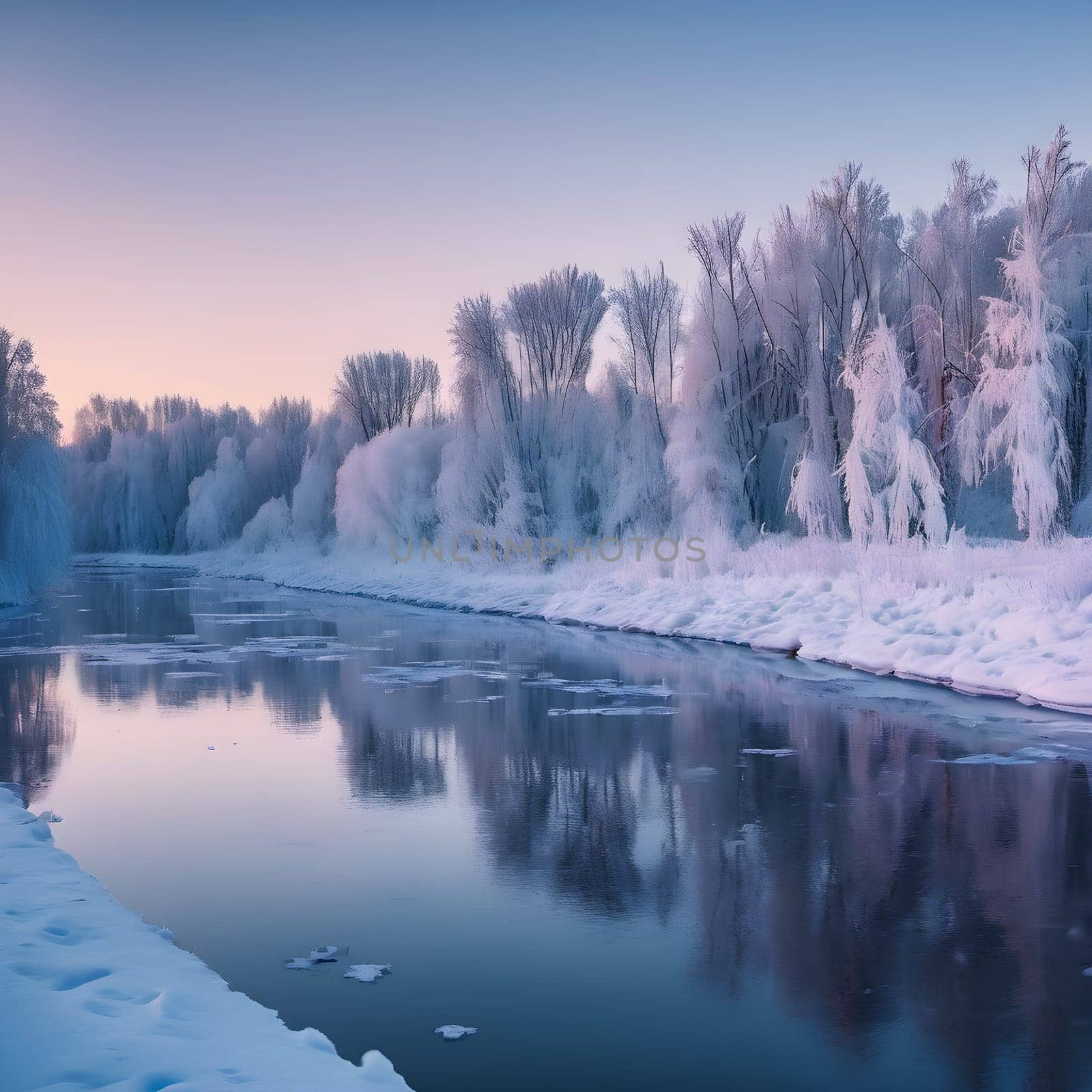 Frosty Serenity: Sunset Panorama of the Snowy Russian River and Forestscape by Petrichor