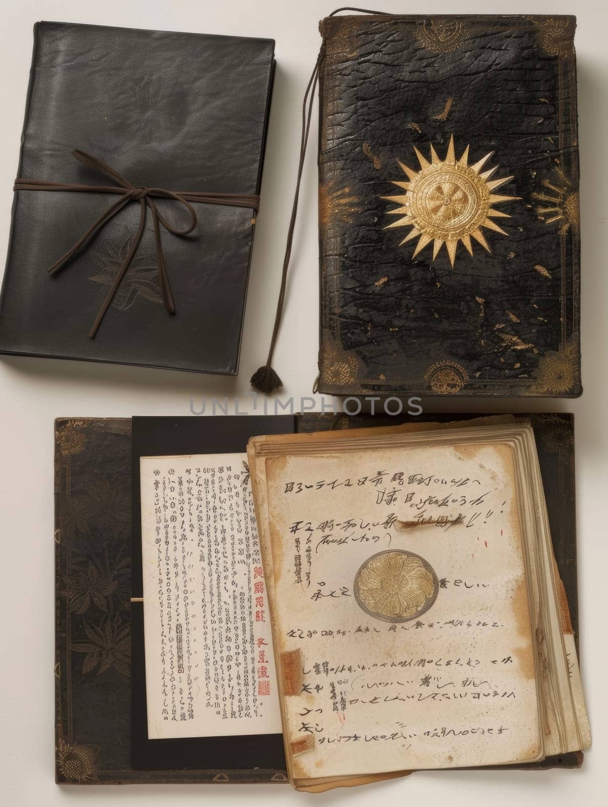 A collection of traditional Japanese texts displayed open with a leather journal, featuring detailed script and symbolic stamps, reflecting cultural heritage. by sfinks