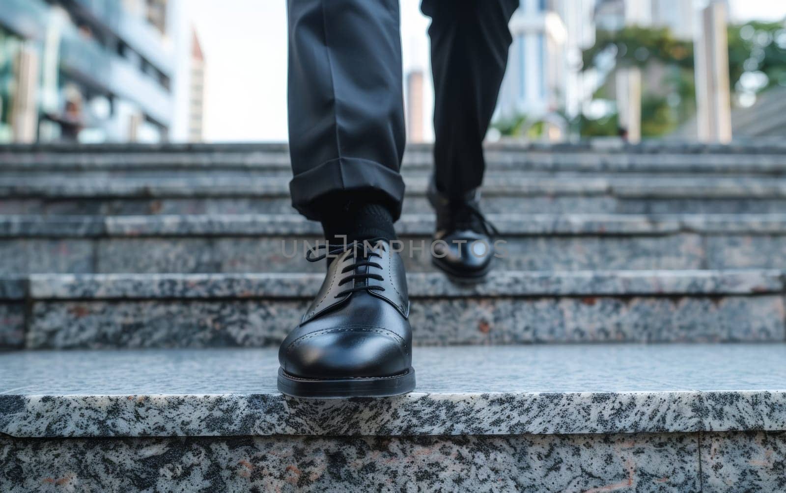 Low-angle shot of a professionals feet in sleek black shoes ascending concrete stairs in a bustling city environment. by sfinks