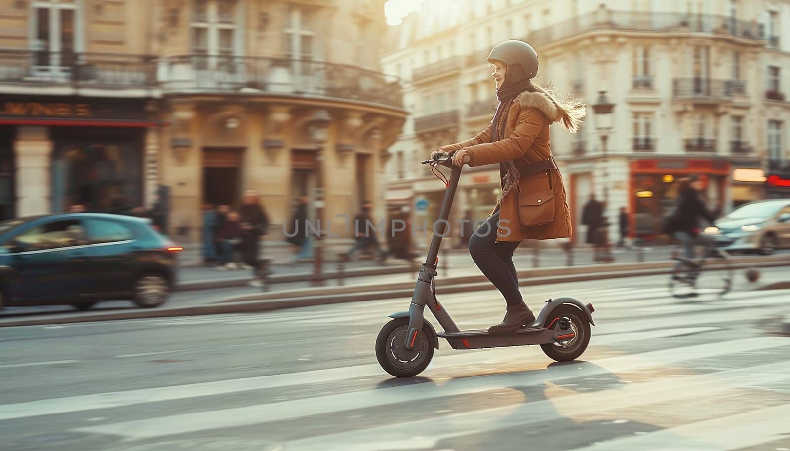 A person is riding a scooter down a city street by AI generated image.