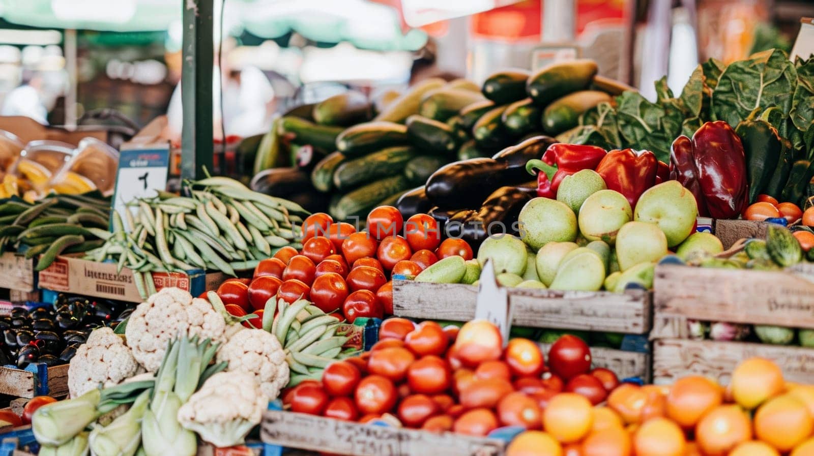 An assortment of colorful fresh produce from a farmers market, featuring vegetables and fruits on a bustling market stand