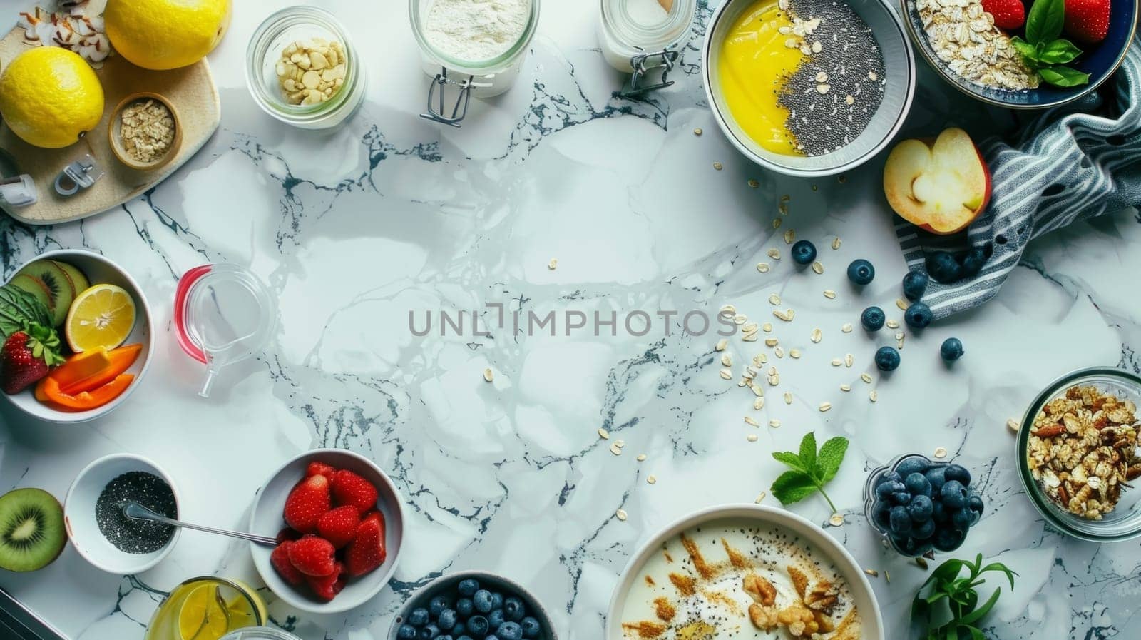 An assortment of healthy breakfast ingredients spread out on a marbled countertop, creating an inviting start to the day. Banner with copy space.