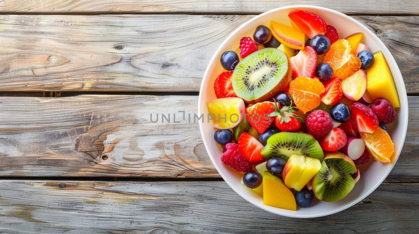 An inviting bowl of mixed fruit salad with vibrant colors, featuring strawberries, kiwi, oranges, and blueberries, on a rustic wooden background. Banner with copy space by sfinks