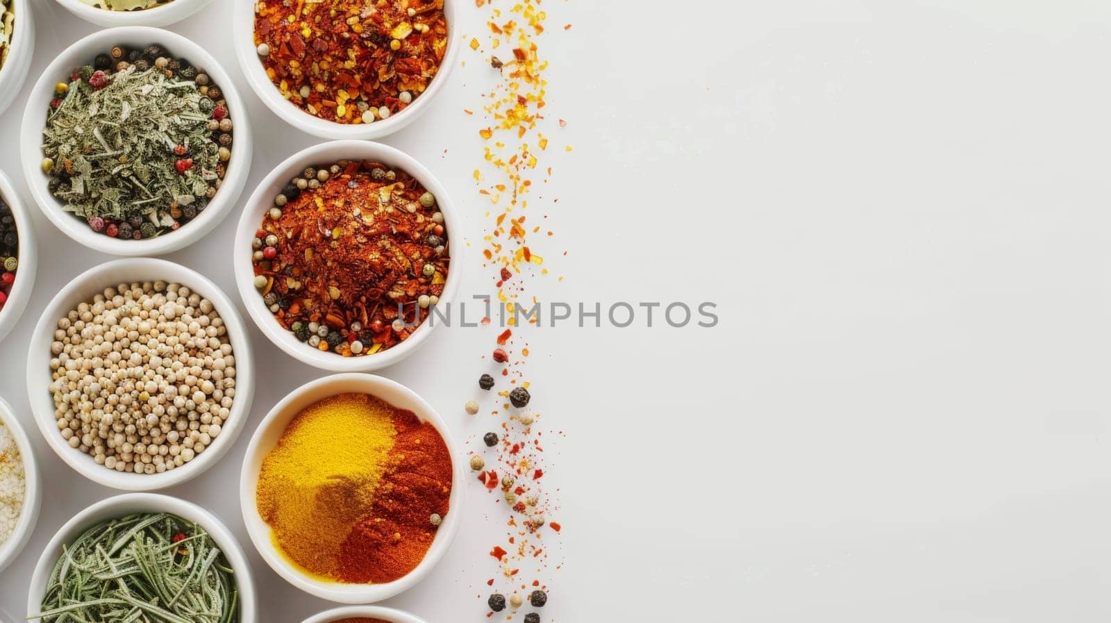 An assortment of colorful spices and herbs in white bowls on a clean background, ideal for culinary themes and recipe concepts. Banner with copy space.