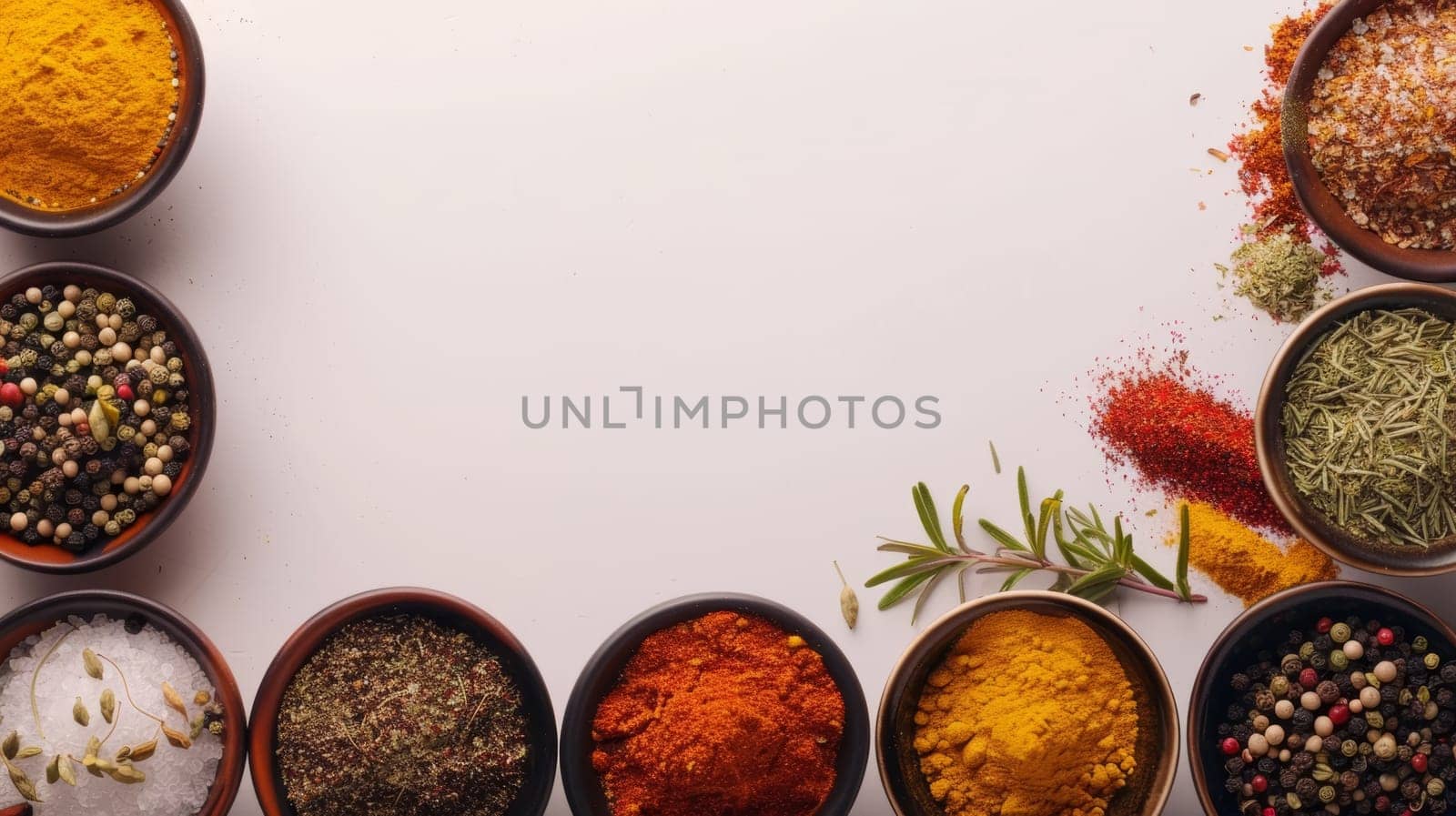 Top view of diverse spices in circular bowls arranged on a white background, creating a vibrant culinary palette. Banner with copy space by sfinks