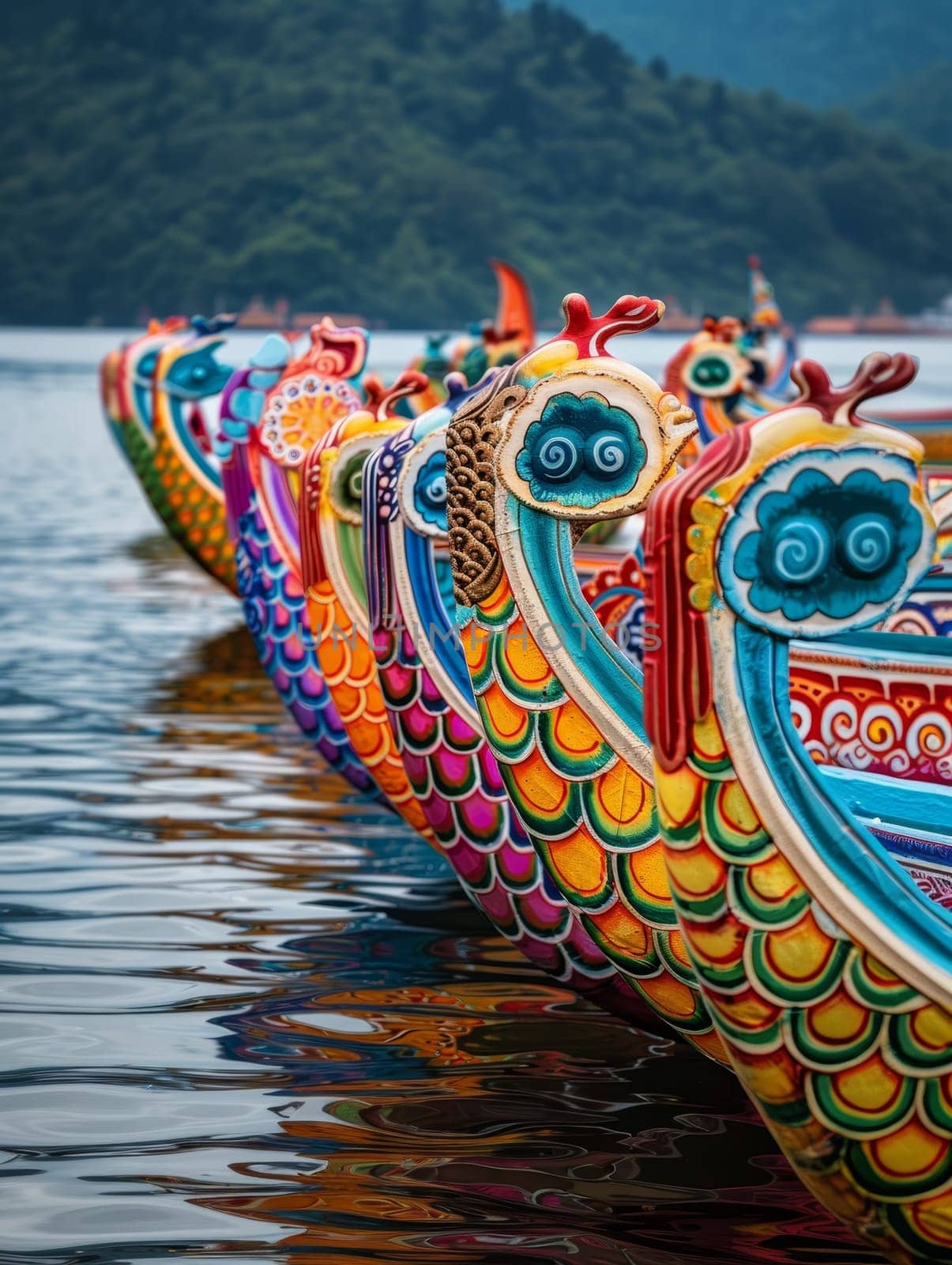 A close-up view of a dragon boats head with a backdrop of rowers on a tranquil lake during a festival. by sfinks