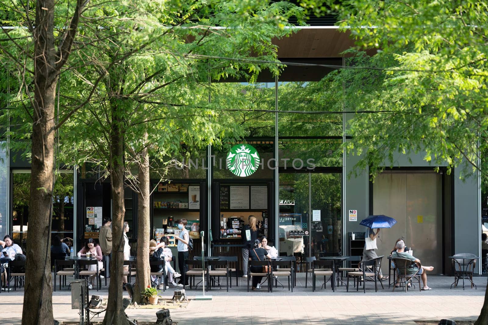 Taipei Taiwan - April 28, 2024 : Starbucks coffee logo in front of the shop.