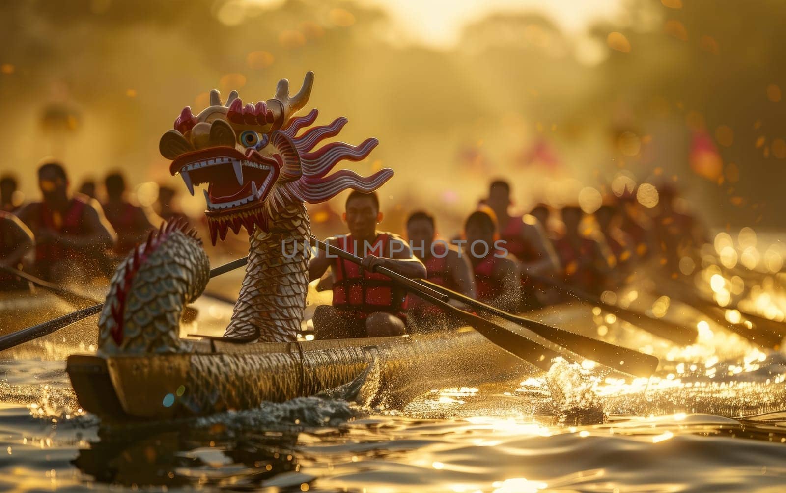 The golden hour illuminates a dragon boat race, with rowers in sync and water sparkling, capturing the spirit of this vibrant cultural event. by sfinks
