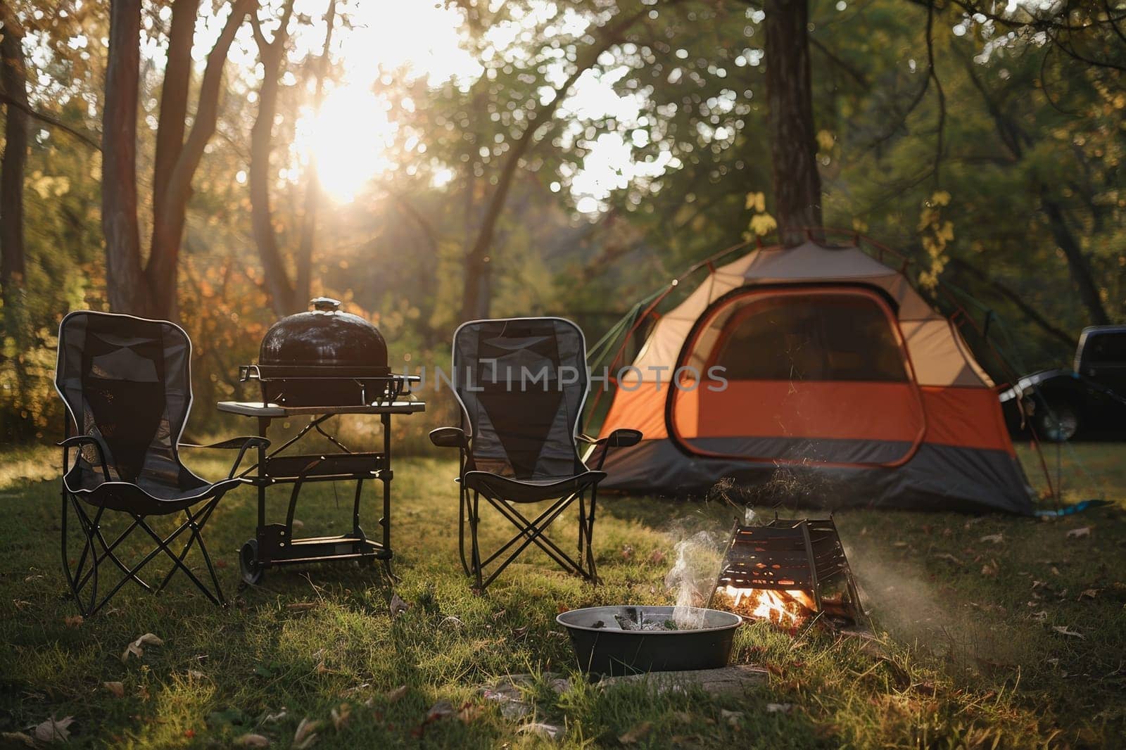 Camping outdoors with lots of sunlight. tent, chairs, a tent BBQ rack, and more.