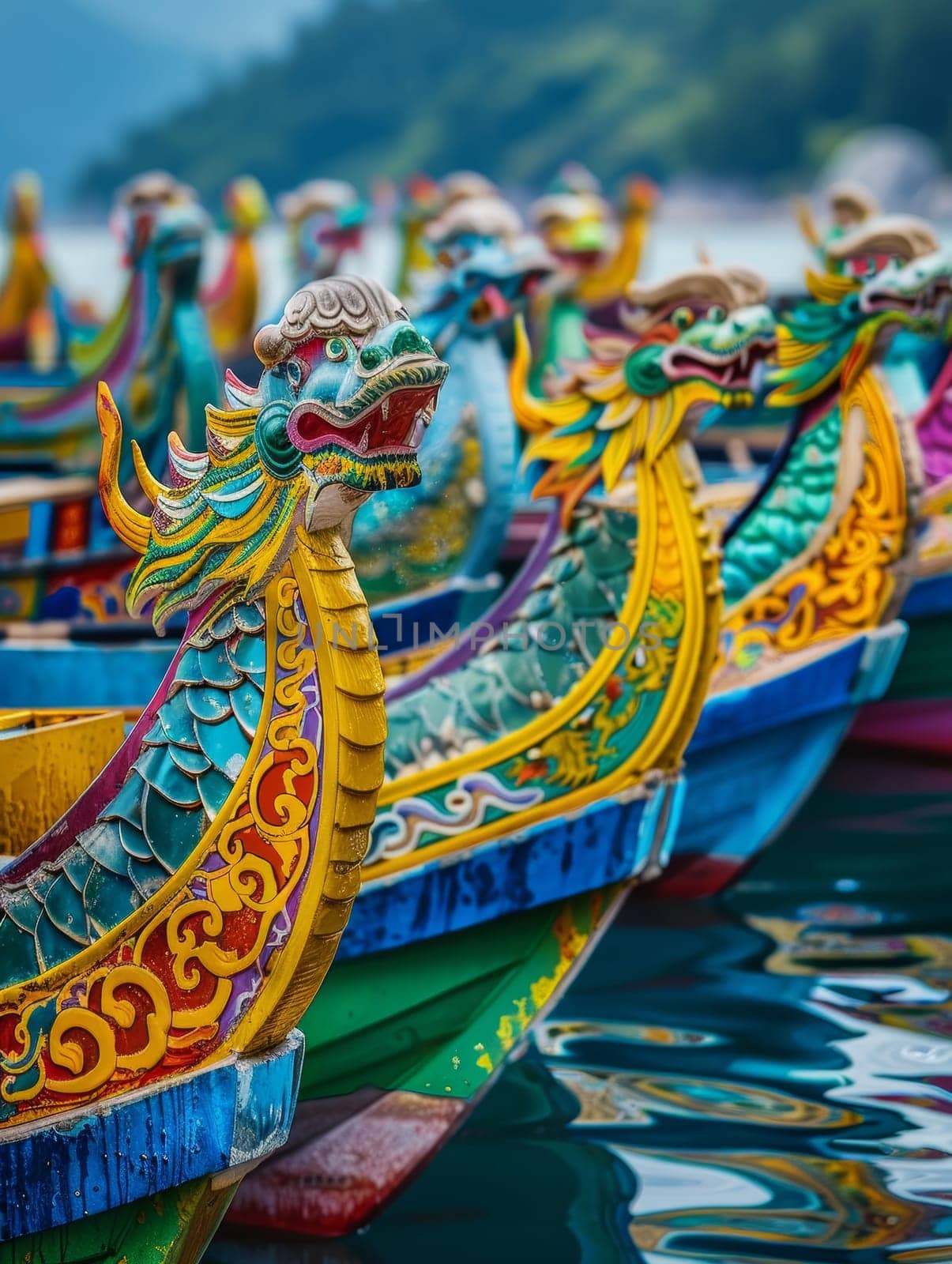 Vibrant dragon boat heads lined up for a race, reflecting the rich cultural tradition of the Dragon Boat Festival by sfinks