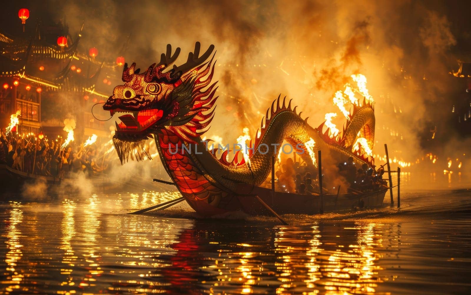 Majestic dragon boat with flames along its body, floating on tranquil waters at sunset, with silhouetted spectators. by sfinks
