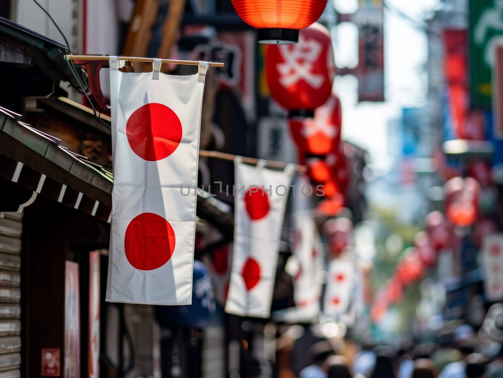 A festive atmosphere envelops the street adorned with Japanese flags, signifying cultural celebration in an urban landscape