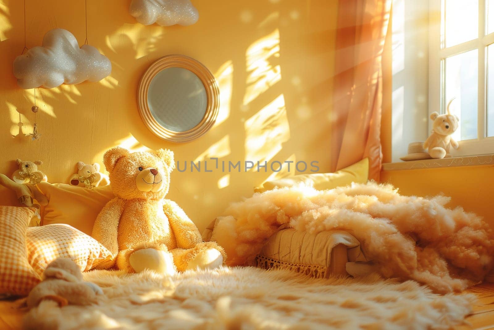 A teddy bear is sitting on a rug in a room with a yellow wall. The room is filled with other stuffed animals and has a cozy, warm atmosphere