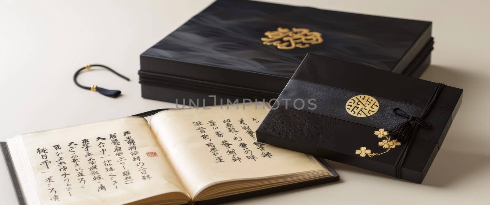 Open calligraphy books alongside a black case, showcasing Japans revered practice of written expression