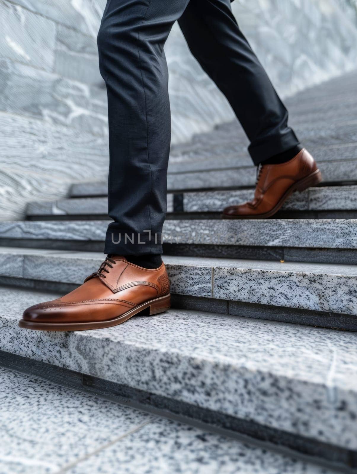 A sharply dressed individual takes a step on a granite staircase, showcasing elegant brown leather shoes in a modern setting. by sfinks