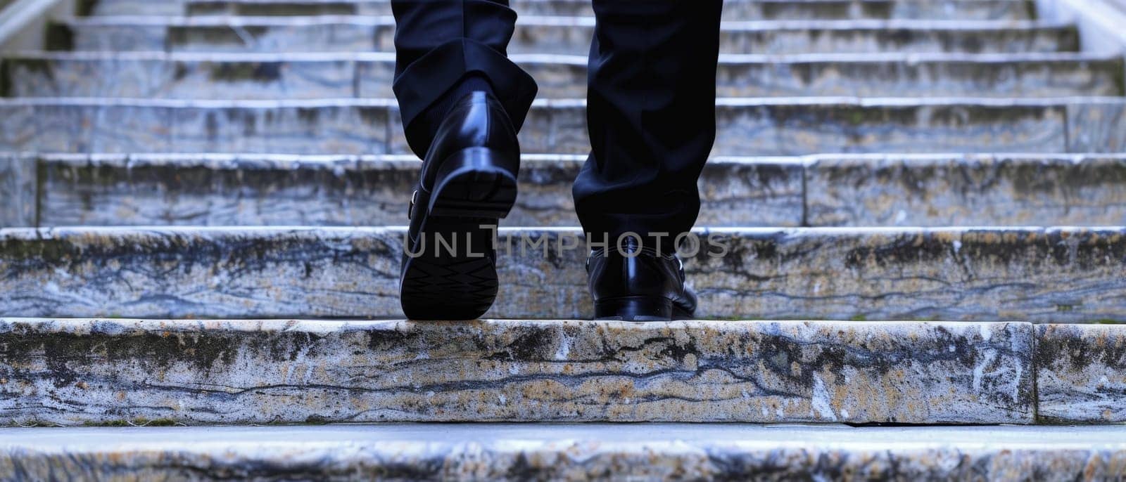 An individual in business attire confidently advances up an outdoor staircase, wearing a pair of sleek black dress shoes.