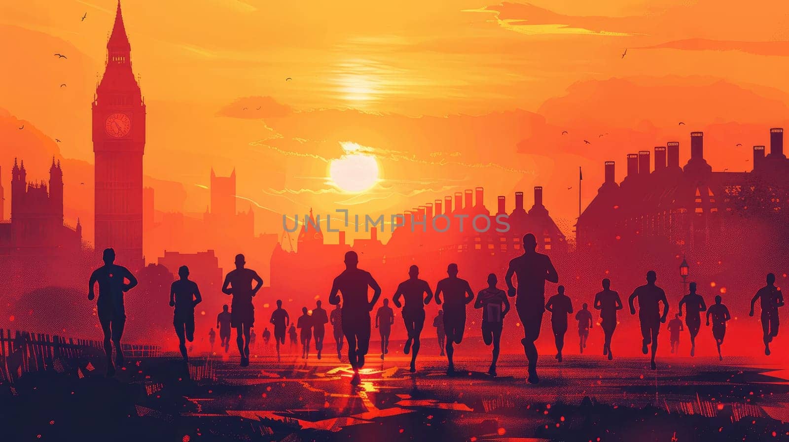 Runners racing in London marathon, poster, illustration,