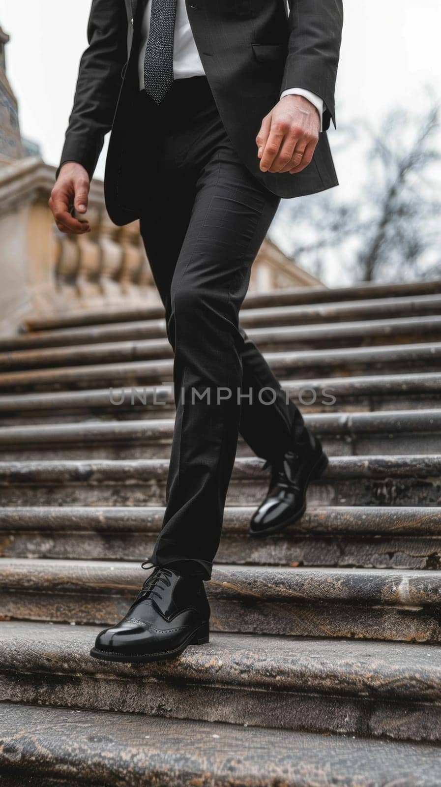 A businessmans foot in a sleek black shoe stepping up marble steps, symbolic of a corporate ascent