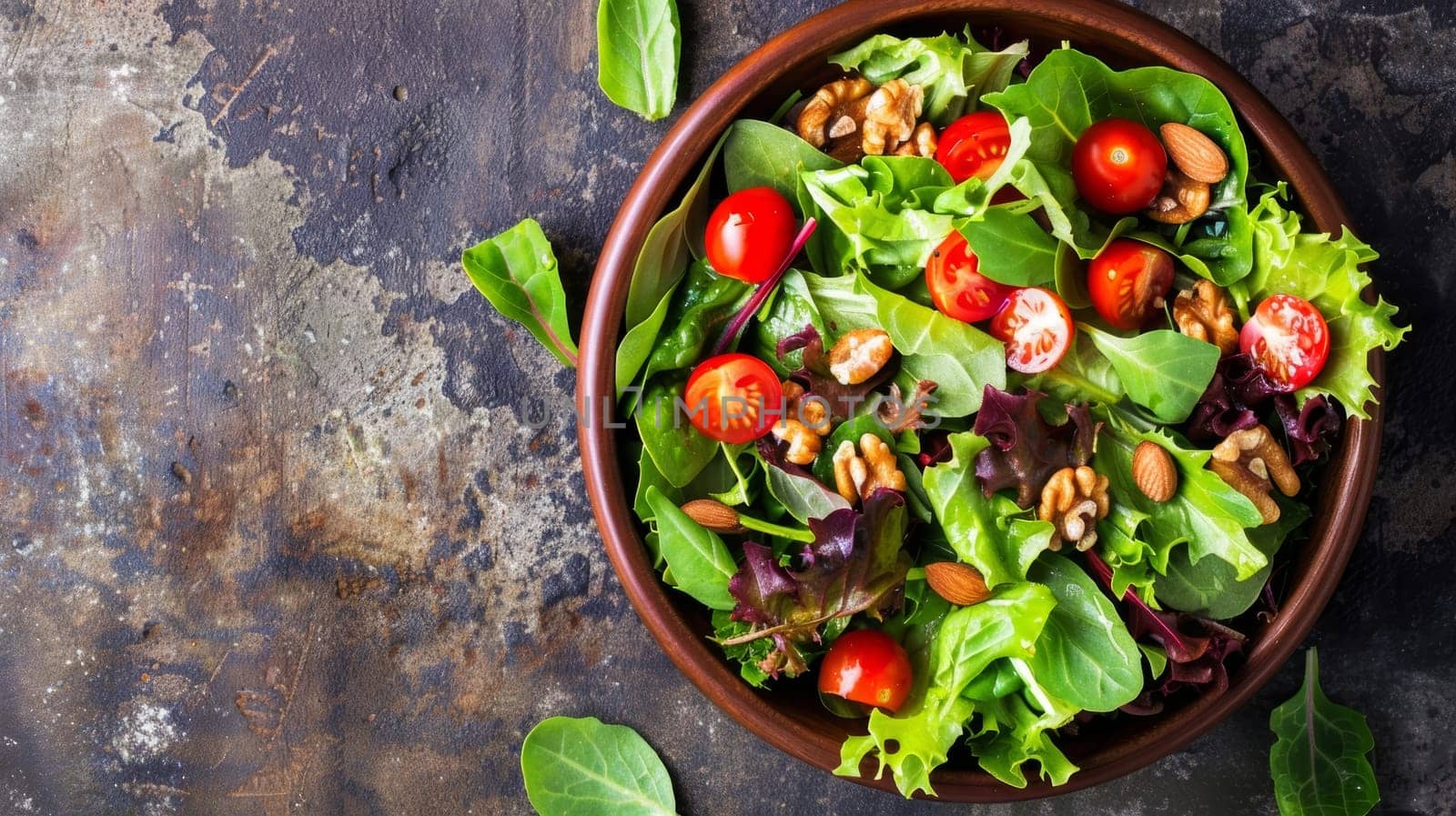 A rustic presentation of mixed greens salad with cherry tomatoes and almonds in an earthenware bowl on a rough surface. Banner with copy space by sfinks