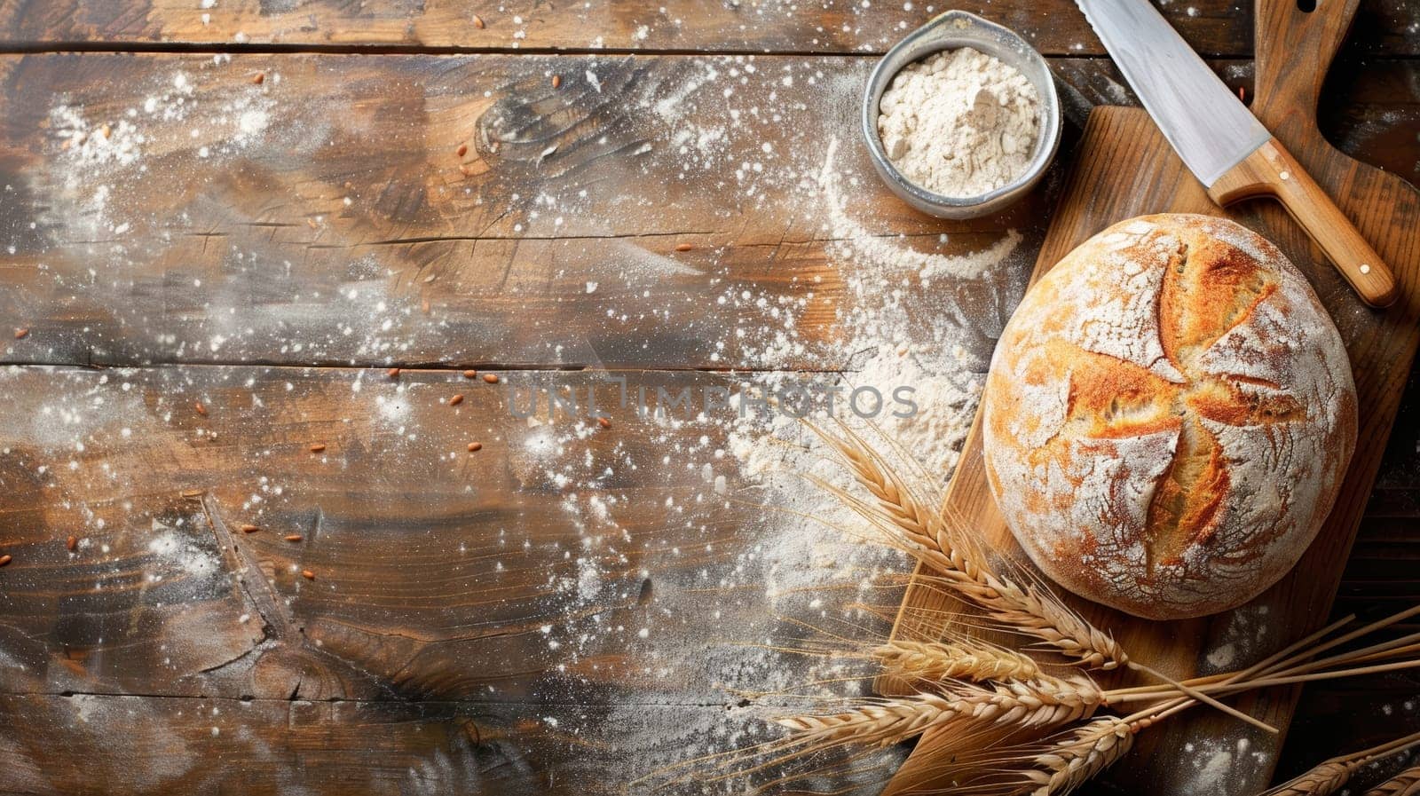 Top view of a crusty homemade bread loaf on a wooden board with flour and wheat ears, depicting the art of traditional baking. Banner with copy space by sfinks