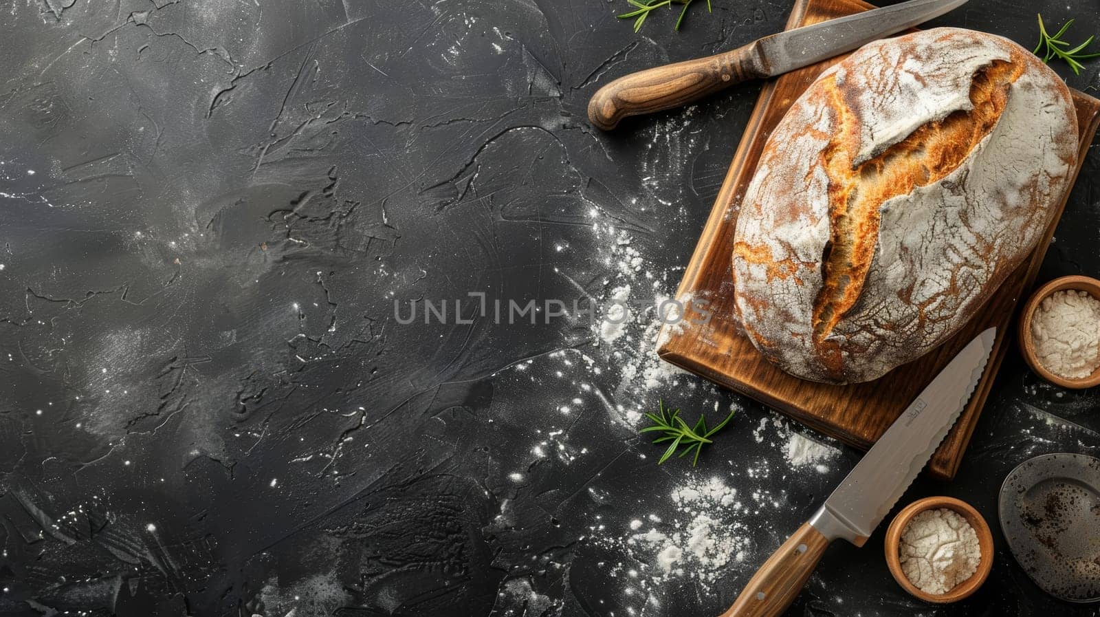 A close-up of artisan sourdough bread with a crispy crust on a cutting board, showcasing baking craftsmanship on a dark background. Banner with copy space by sfinks
